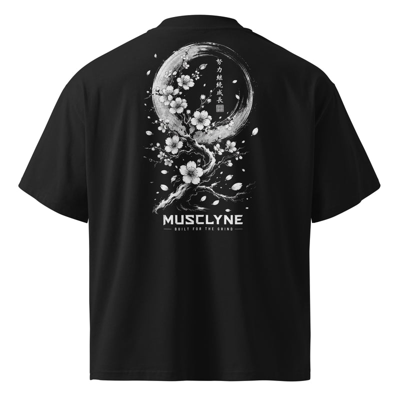 MUSCLYNE Oversized T-Shirt Sakura Moon, Schwarz – Rückenansicht mit Mond-Print
