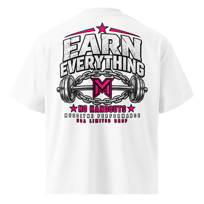 MUSCLYNE Oversized T-Shirt Earn Everything, weiß – Rückenansicht mit Print