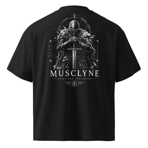 MUSCLYNE Oversized T-Shirt Crusader, Schwarz – Rückenansicht mit Ritter-Print