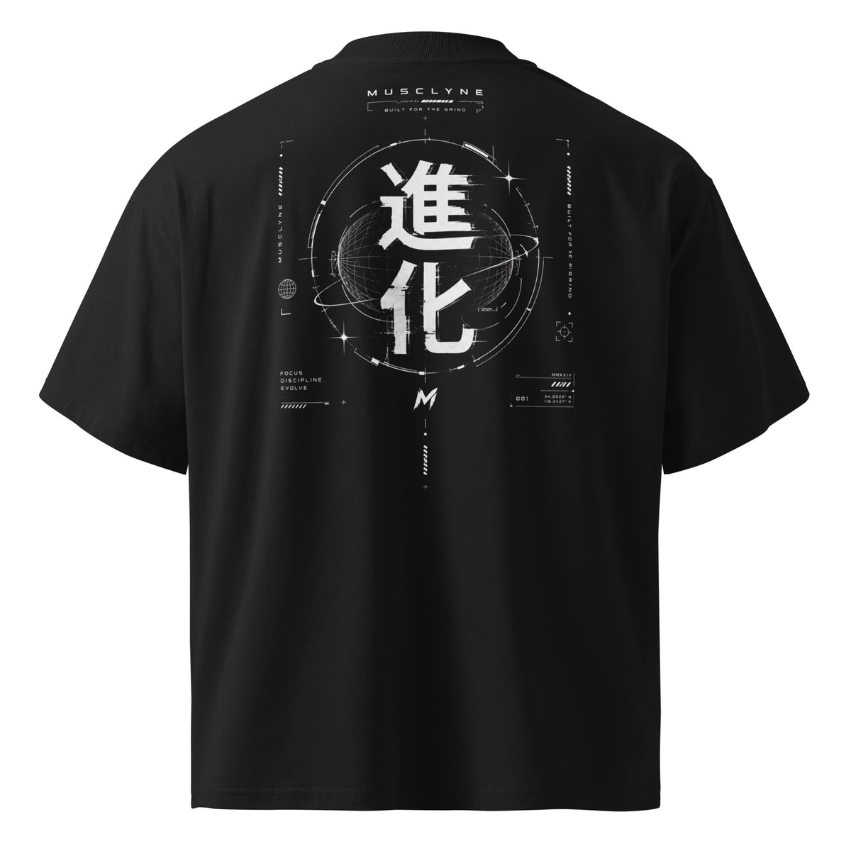 MUSCLYNE Oversized T-Shirt Evolution, Schwarz – Rückenansicht mit Schriftzeichen-Print