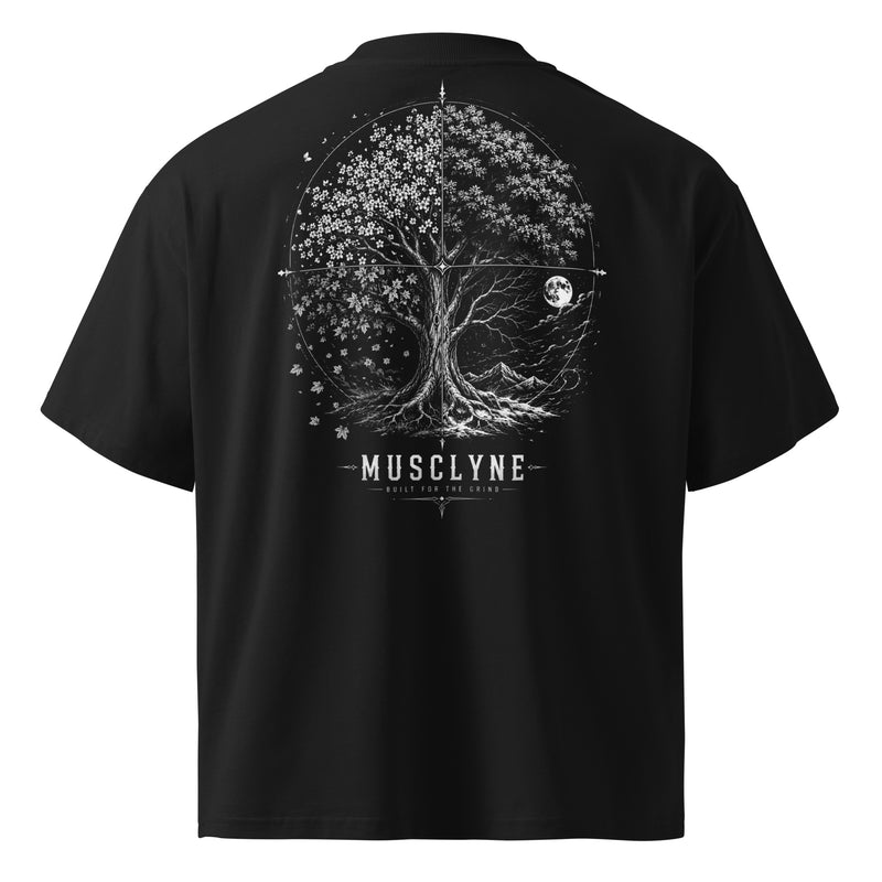 MUSCLYNE Oversized T-Shirt Vierjahreszeiten, Schwarz – Rückenansicht mit Lebensbaum-Print