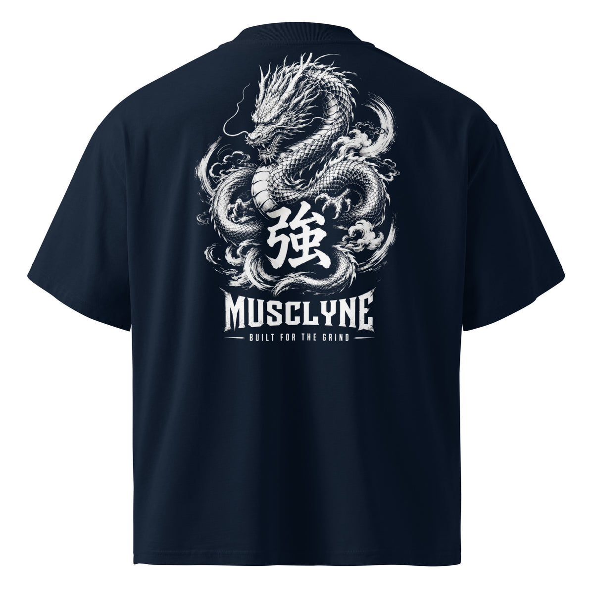 MUSCLYNE Oversized T-Shirt Rising Dragon, French Navy – Rückenansicht mit Drachen-Print