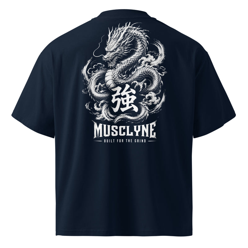 MUSCLYNE Oversized T-Shirt Rising Dragon, French Navy – Rückenansicht mit Drachen-Print
