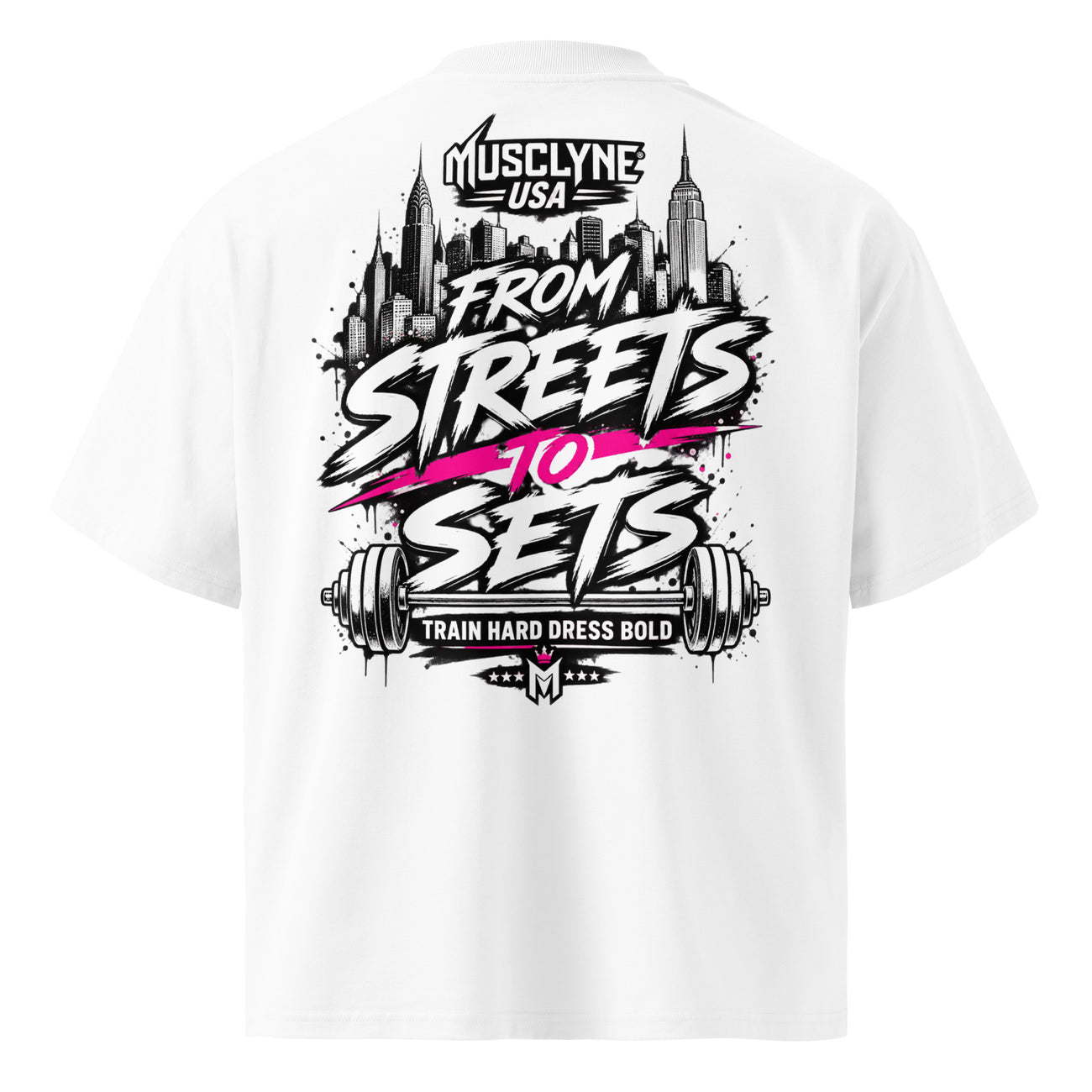 MUSCLYNE Oversized T-Shirt Streets to Sets, weiß – Rückenansicht mit NYC-Print
