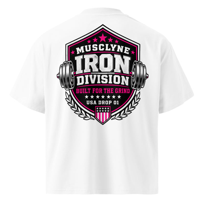 MUSCLYNE Oversized T-Shirt Iron Division, weiß – Rückenansicht mit Wappen-Print